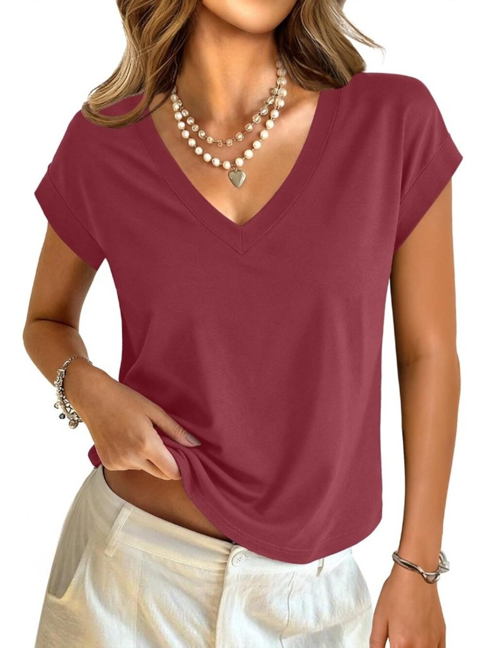 Women's Wine Short Sleeve Cotton V Neck Crop Tops Casual T Shirts Boxy